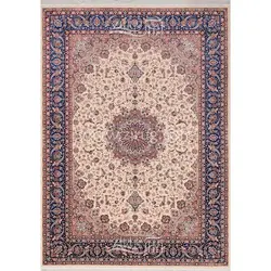 فرش ماشینی ابریشم بافت مشهد اردهال کد ب31 زمینه موزی حاشیه سرمه‌ای