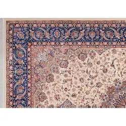 فرش ماشینی ابریشم بافت مشهد اردهال کد ب31 زمینه موزی حاشیه سرمه‌ای