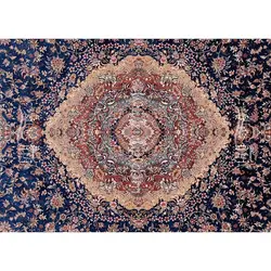 فرش ماشینی ابریشم بافت مشهد اردهال کد ب32 زمینه سرمه‌ای