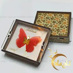 پلاک پروانه آبی پارچه و طلا تاج ماه