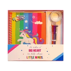 پکیج دفتر خاطرات 40 برگ به همراه چسب و خودکار 7 رنگ طرح یونیکورن