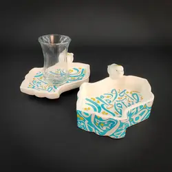 استکان نعلبکی و قندان آبنوس  آبی