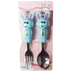 قاشق و چنگال سر عروسکی نوزاد و کودک CAUPLES RABBIT TABLEWARE طرح خرگوش کروات دار کد 11186