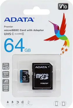 کارت حافظه microSDXC ای دیتا مدل Premier V10 A1 کلاس 10 استاندارد UHS-I سرعت 100MBps ظرفیت 64 گیگابایت