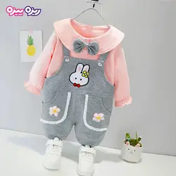 ست بلوز و سرهمی سوپر پنبه لاکرا دار راسته توردار استیکردار طرح خرگوش کد 2890