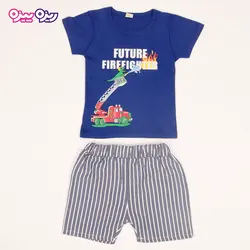 ست تی‌شرت و شلوارک پنبه تک‌رو لاکرادار طرح FUTURE FIREEIGHTER کد 2538