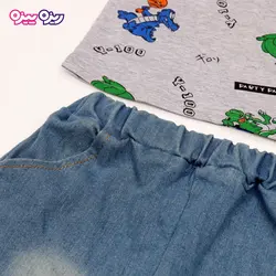 ست تی‌شرت و شلوارک پنبه تک‌رو لاکرادار طرح دایناسور Y-100 کد 2534