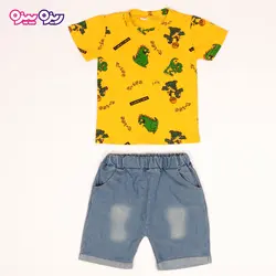 ست تی‌شرت و شلوارک پنبه تک‌رو لاکرادار طرح دایناسور Y-100 کد 2534