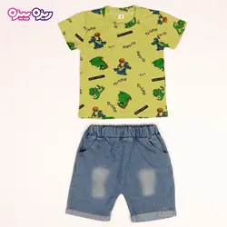 ست تی‌شرت و شلوارک پنبه تک‌رو لاکرادار طرح دایناسور Y-100 کد 2534