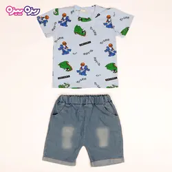 ست تی‌شرت و شلوارک پنبه تک‌رو لاکرادار طرح دایناسور Y-100 کد 2534