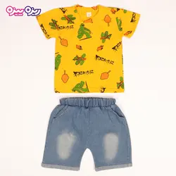 ست تی‌شرت و شلوارک پنبه تک‌رو لاکرادار طرح کاکتوس کد 2532