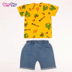 ست تی‌شرت و شلوارک پنبه تک‌رو لاکرادار طرح کاکتوس کد 2532