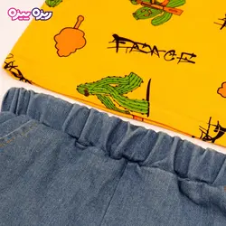 ست تی‌شرت و شلوارک پنبه تک‌رو لاکرادار طرح کاکتوس کد 2532