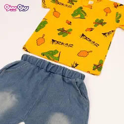 ست تی‌شرت و شلوارک پنبه تک‌رو لاکرادار طرح کاکتوس کد 2532