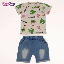 ست تی‌شرت و شلوارک پنبه تک‌رو لاکرادار طرح کاکتوس کد 2532