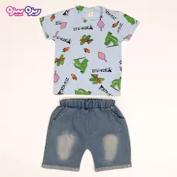 ست تی‌شرت و شلوارک پنبه تک‌رو لاکرادار طرح کاکتوس کد 2532