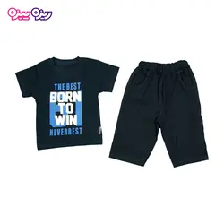 ست تی‌شرت و شلوارک پنبه تک‌رو لاکرادار طرح BORN TO WIN کد 2571