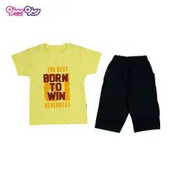 ست تی‌شرت و شلوارک پنبه تک‌رو لاکرادار طرح BORN TO WIN کد 2571