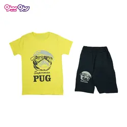 ست تی‌شرت و شلوارک پنبه تک‌رو لاکرادار طرح PUG کد 2559