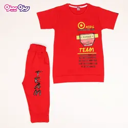ست تی‌شرت و شلوارک پنبه تک‌رو لاکرادار طرح KIDS SPERTING FOR TEAM کد 2473