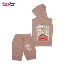 ست هودی و شلوارک پنبه تک‌رو لاکرادار اسلش طرح Ferrari کد 2459