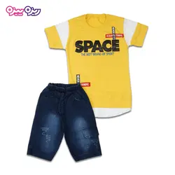 ست تی‌شرت و شلوارک پنبه تک‌رو لاکرادار طرح SPACE  کد 2416