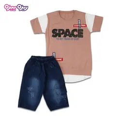 ست تی‌شرت و شلوارک پنبه تک‌رو لاکرادار طرح SPACE  کد 2416