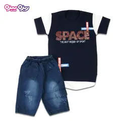 ست تی‌شرت و شلوارک پنبه تک‌رو لاکرادار طرح SPACE  کد 2416