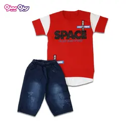ست تی‌شرت و شلوارک پنبه تک‌رو لاکرادار طرح SPACE  کد 2416