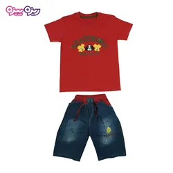 ست تی‌شرت و شلوارک پنبه تک‌رو لاکرادار طرح سه‌سگ READYMIWOO کد 2357