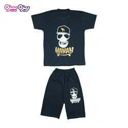 ست تی‌شرت و شلوارک پنبه تک‌رو لاکرادار طرح MANAN اسکلت کد 2355