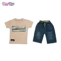 ست تی‌شرت و شلوارک جین استیکردار طرح KIDS WORLD ماشین کد 2348