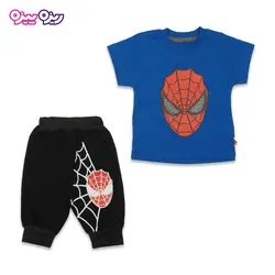 ست تی‌شرت و شلوارک پنبه تک‌رو لاکرادار طرح مرد عنکبوتی کد 2405