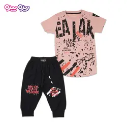 ست تی‌شرت و شلوارک پنبه تک رو لاکرا دار طرح WILL DREAM SITU کد 2406