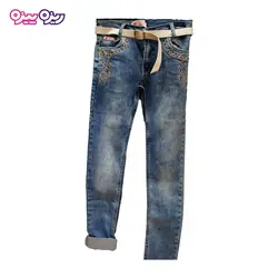 شلوار جین راسته مرواریددار طرح کمربند سفید کد 2231