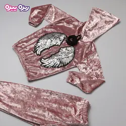 ست هودی و شلوار مخمل اسلش پولک‌دار طرح بال فرشته کد 2815