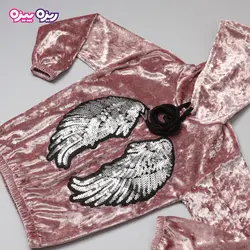 ست هودی و شلوار مخمل اسلش پولک‌دار طرح بال فرشته کد 2815