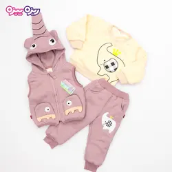 ست بلوز، شلوار و پافر پنبه دو رو لاکرادار اسلش استیکردار طرح فیل کد 2702