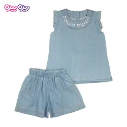 ست سارافون و شلوارک جین طرح پشت دکمه دار یقه گلدار کد 2466