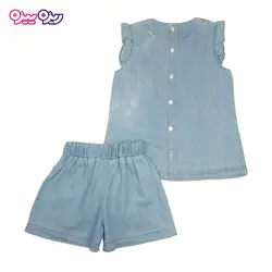 ست سارافون و شلوارک جین طرح پشت دکمه دار یقه گلدار کد 2466