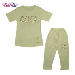 ست تی‌شرت و شلوارک پنبه تک‌رو لاکرادار پولک‌دار طرح COOL کد 2341