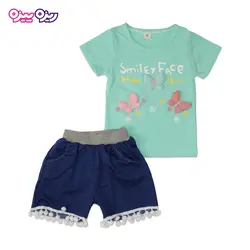 ست تی‌شرت و شلوارک پنبه تک‌رو لاکرادار استیکردار منگوله دار طرح smiley FACE کد 2421