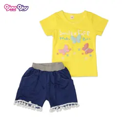 ست تی‌شرت و شلوارک پنبه تک‌رو لاکرادار استیکردار منگوله دار طرح smiley FACE کد 2421