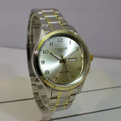 LAROS QUARTZ 80321-DD 5 STAR موتورژاپن لاروس موتور ژاپن 2 تقویم ،، درب استیل ،، دو رنگ با صفحه طلایی روشن کلاسیک و لوکس