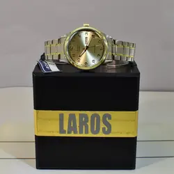 LAROS QUARTZ 80321-DD 5 STAR موتورژاپن لاروس موتور ژاپن 2 تقویم ،، درب استیل ،، دو رنگ با صفحه طلایی روشن کلاسیک و لوکس