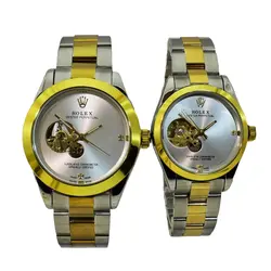 ROLEX OYSTER اتوماتیک گوکی نقره ای ست رولکس اویستر زنانه مردانه اتومات ** اندیکس نگین دار براق ** قاب و بند دو رنگ
