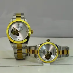 ROLEX OYSTER اتوماتیک گوکی نقره ای ست رولکس اویستر زنانه مردانه اتومات ** اندیکس نگین دار براق ** قاب و بند دو رنگ