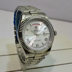 ROLEX OYSTER PERPETUAL DAY-DATE موتور ژاپن رولکس اویستر دی دت موتورژاپن ** دو تقویم ** نقره ای ** استیل تقویم ذره بین شیشه کریستال