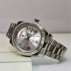 ROLEX OYSTER PERPETUAL DAY-DATE موتور ژاپن رولکس اویستر دی دت موتورژاپن ** دو تقویم ** نقره ای ** استیل تقویم ذره بین شیشه کریستال