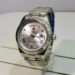 ROLEX OYSTER PERPETUAL DAY-DATE موتور ژاپن رولکس اویستر دی دت موتورژاپن ** دو تقویم ** نقره ای ** استیل تقویم ذره بین شیشه کریستال